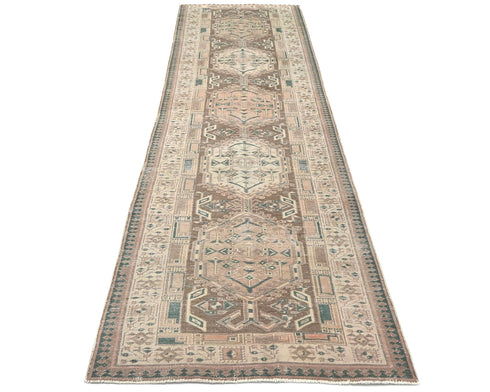 11 Ft Vintage Brown Persian Style Hand Knotted Low Pile Wool Runner Rug